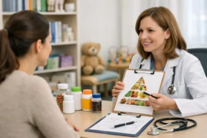 Parent discussing safe supplement protocols for children with a pediatric clinician