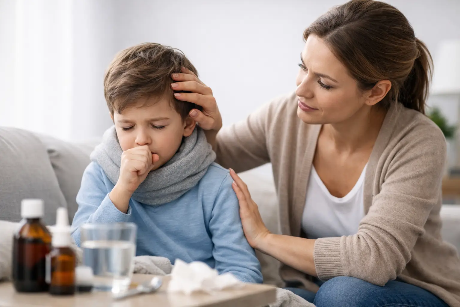 How to help recurring child coughs safely - mother comforting coughing child