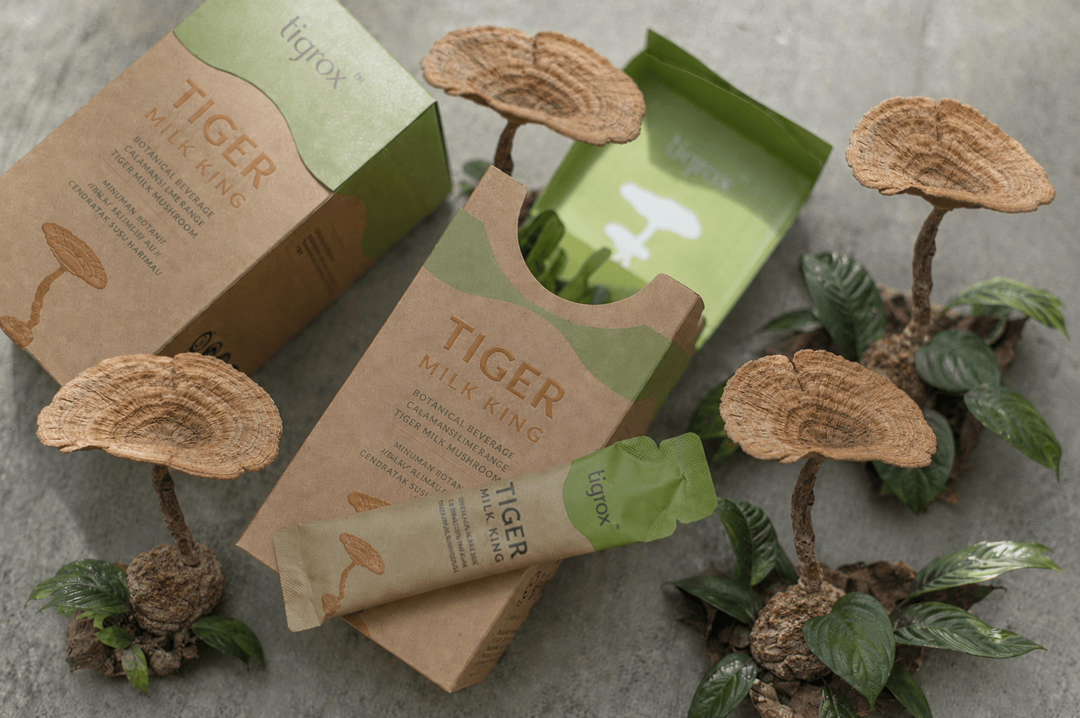 Tiger milk mushroom sachet review - liquid sachet next to a glass of water for kids