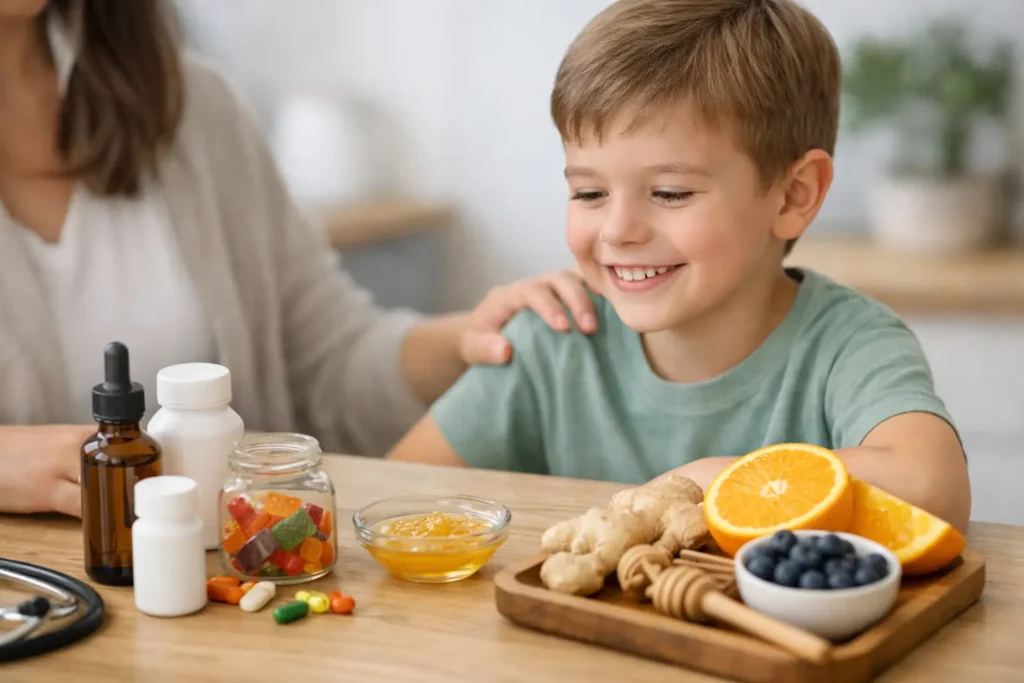 Parent helping a child at breakfast while choosing safe kids immune protocols