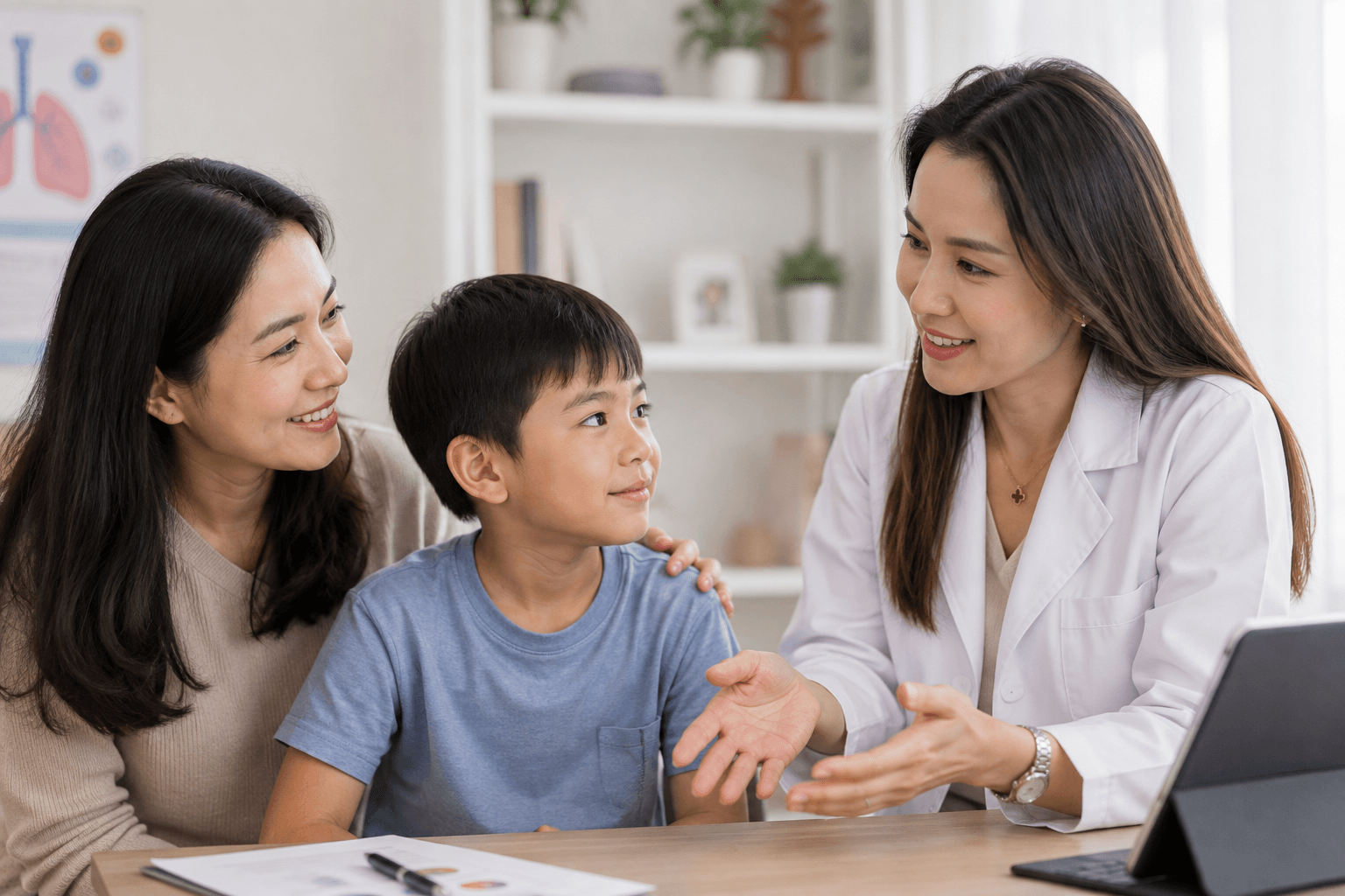 A mother sitting with her two children, talking through recurring cough and breathing symptoms before deciding whether to see a specialist