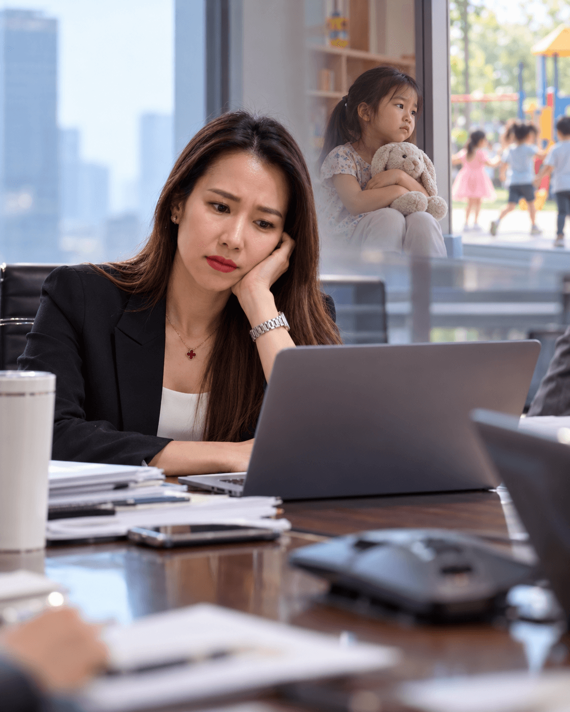 Working mother exhausted and worried about her sick child